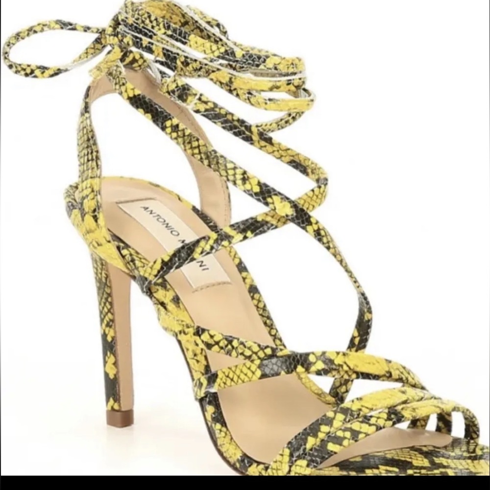 ANTONIO MELANI Vaylyn Snake Print Leather Lace Up Dress Sandals, Yellow/Blk (7.5 - Picture 2 of 6